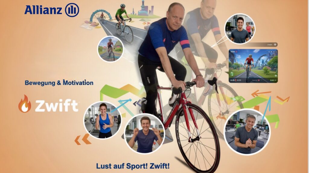 Man sieht einen Radler auf seinem indoor Radtrainer, der mit Zwift am trainieren ist. und das als Collage