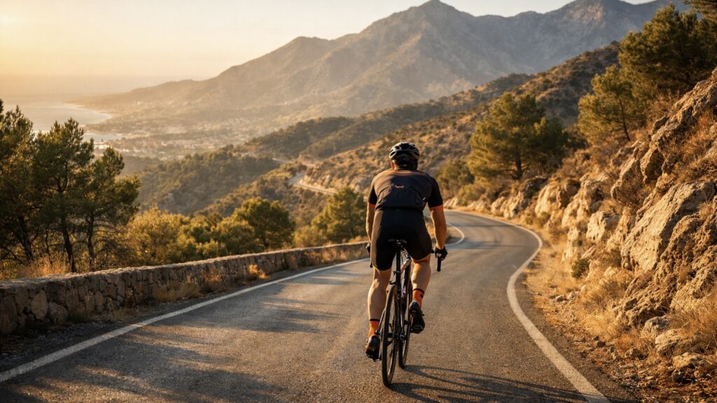 Zu sehen ist ein Rennradfahrer von hinten, der sich bei Morgensonne einen Berg in Spanien alleine hochschraubt