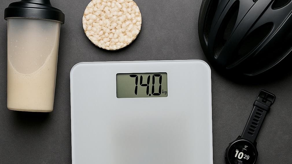 Auf dem Bild ist eine Waage mit dem Zielgewicht, ein Reiscracker, ein Radhelm und eine energiedrik zu sehen