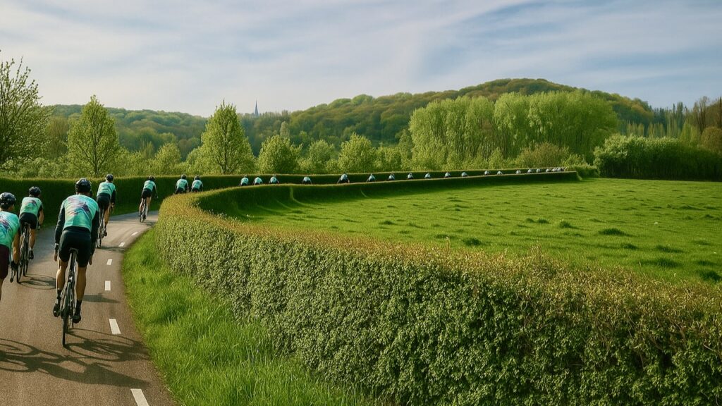 in einer grünen Landschaft ist eine Gruppe Rennradfahrer in einer langen Reihe zu sehen. Im Hintergrund ist eine hügelige Forstlandschaft zu erkennen.
