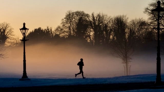 Man sieht schemenhaft einen Läufer, der im Nebel durch eine bewaldetere Landschaft läuft.