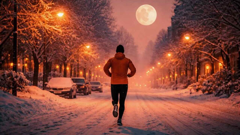 Man sieht einen Läufer im urbanen Umfeld in der Abenddämmerung alleine durch den Schnee laufen