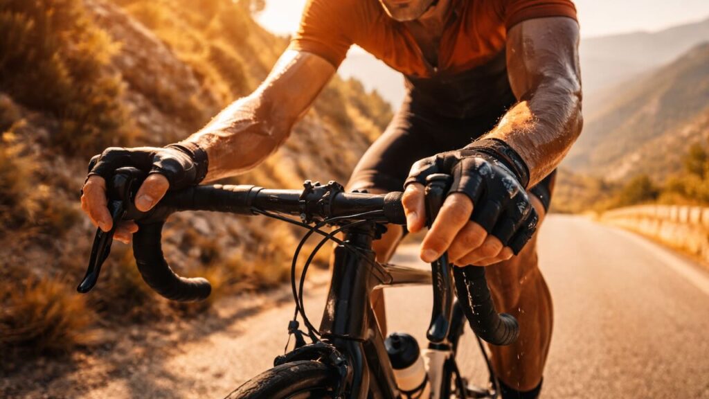Das ist ein bild mit einem schwitzenden Rennradfahrer auf einer Bergauffahrt. Die Sonne brennt, das Wetter ist heiß. In Großaufnahme sind Lenker und rennradhandschuhe zu sehen. Das Farbbild ist leicht orange.
