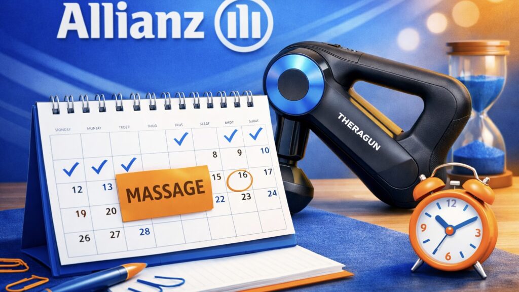Zu sehen ist das Allianz Logo, eine Massagepistole und ein Kalender. Das Bild ist in Blau und Orange gehalten.