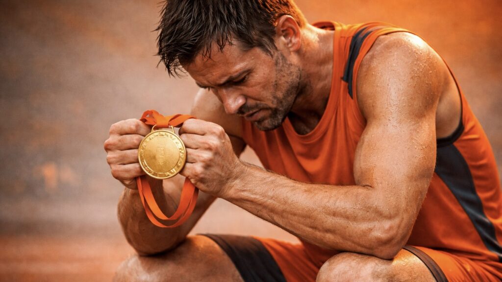 Zu sehen ist ein Sportler, der eine Goldmedaille in der Hand hat. Er hockt am Boden und sein Gesicht zeigt eine tiefe Depression. Das Sportler in Großaufnahme, die Farbcharakteristik ist meinen logofarben angelehnt.