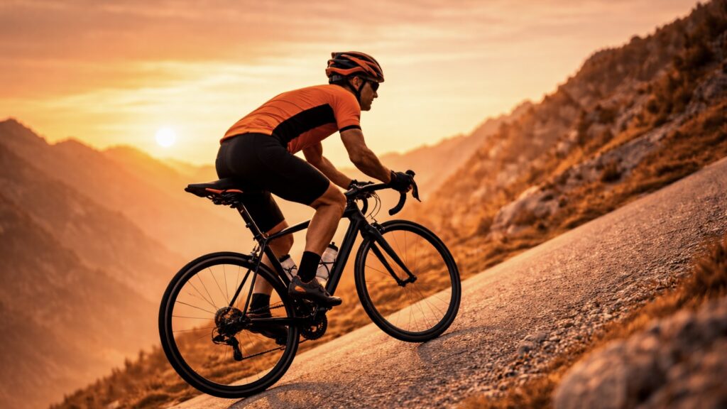 Man sieht ein hochauflösendes bild im 16:9 Format in orange gehalten, wo ein Rennradfahrer am Berg einen Anstieg fährt. Man sieht den Rennradfahrer seitlich stehend, und deutlich den nach vorn geneigten Sattel. Die Steigung am Berg ist deutlisch zu erkennen.