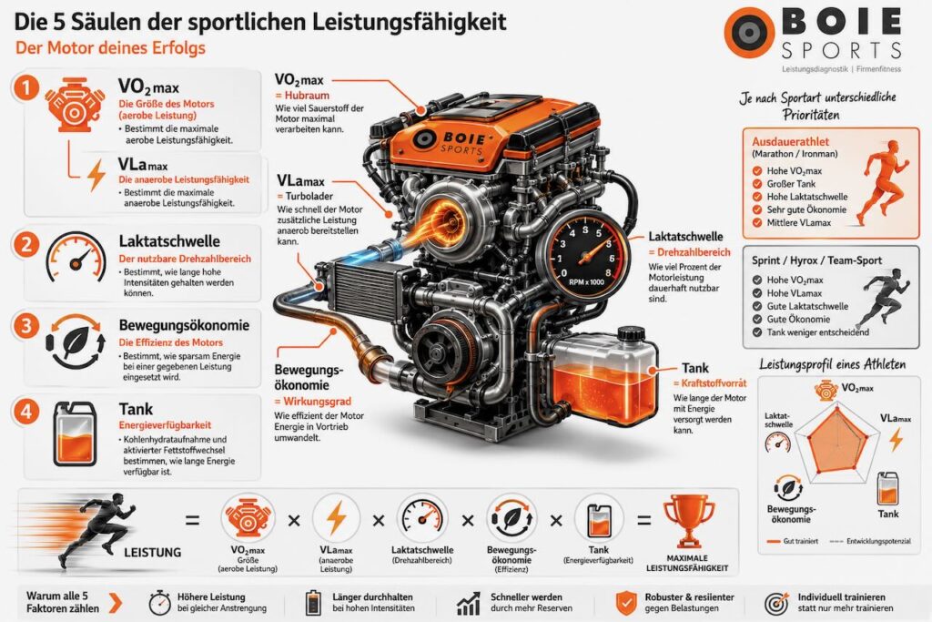 Die wichtigsten Einflussfaktoren der sportlichen Leistungsfähigkeit anschaulich erklärt: VO₂max, VLamax, Laktatschwelle, Bewegungsökonomie und Energieverfügbarkeit bestimmen gemeinsam die Leistungsfähigkeit eines Athleten.