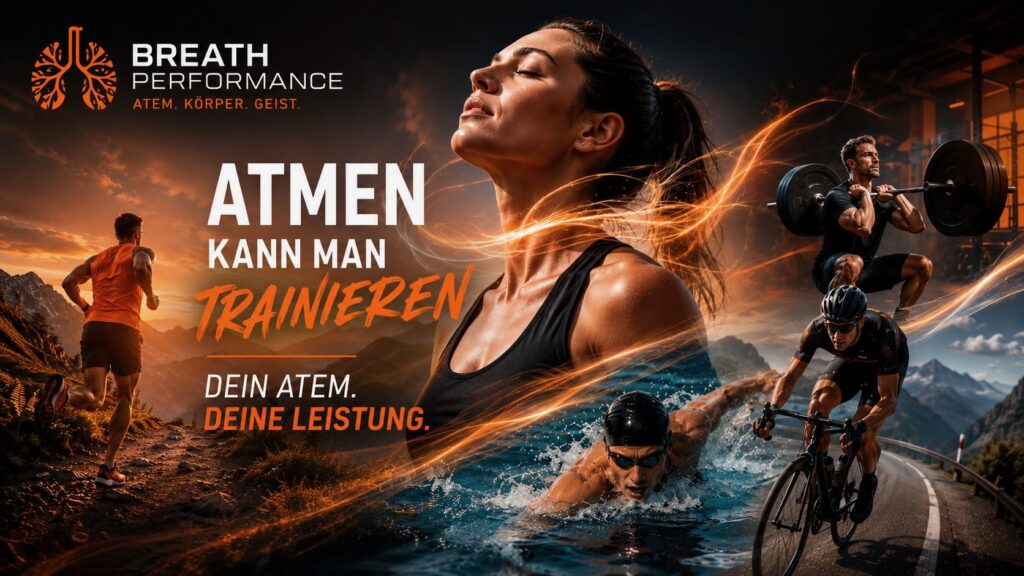 Verschiedene Sportler in einem orangenen Hintergrund zeigen die Vorzüge einer guten Atemtechnik. Läufer, Gewichtheber und Radfahrer