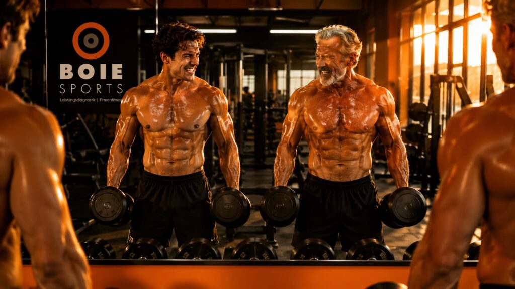 Ein 20jähriger und ein 65jähriger sind im Fitnessstudio und heben schwere Gewichte. Die Anstrengung steht beiden ins Gesicht geschrieben. Sie stehen nebeneinander und betrachten sich im Spiegel. Die muskulösen Körper glänzen im orangen Sonnenlicht